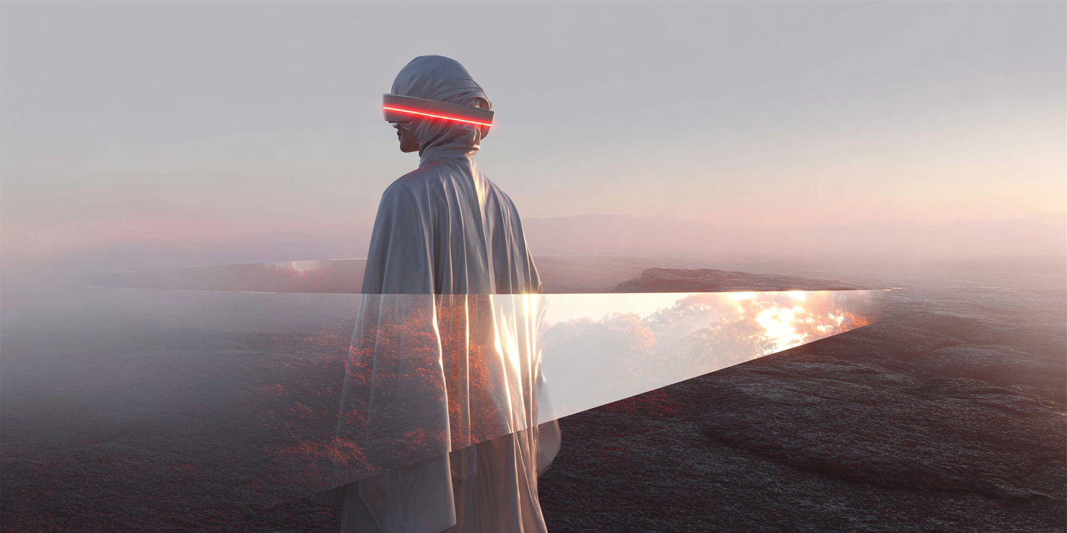 Person wearing a futuristic hooded cloak and glowing red visor standing in a surreal landscape with a triangular reflective surface showing trees and sunlight.